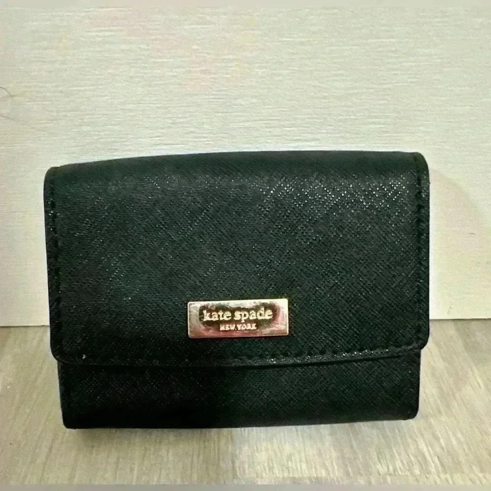 Kate Spade New York Black Saffiano Leather Trifold Wallet Coin Purse Snap